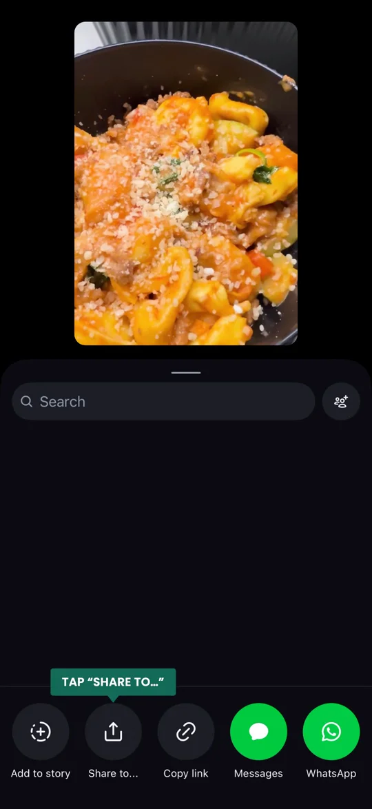 Instagram recipe share menu with the Share to option highlighted