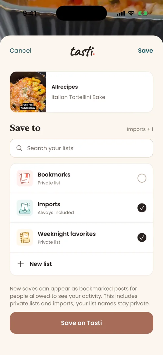 Tasti early-access save screen with the Weeknight favorites list selected
