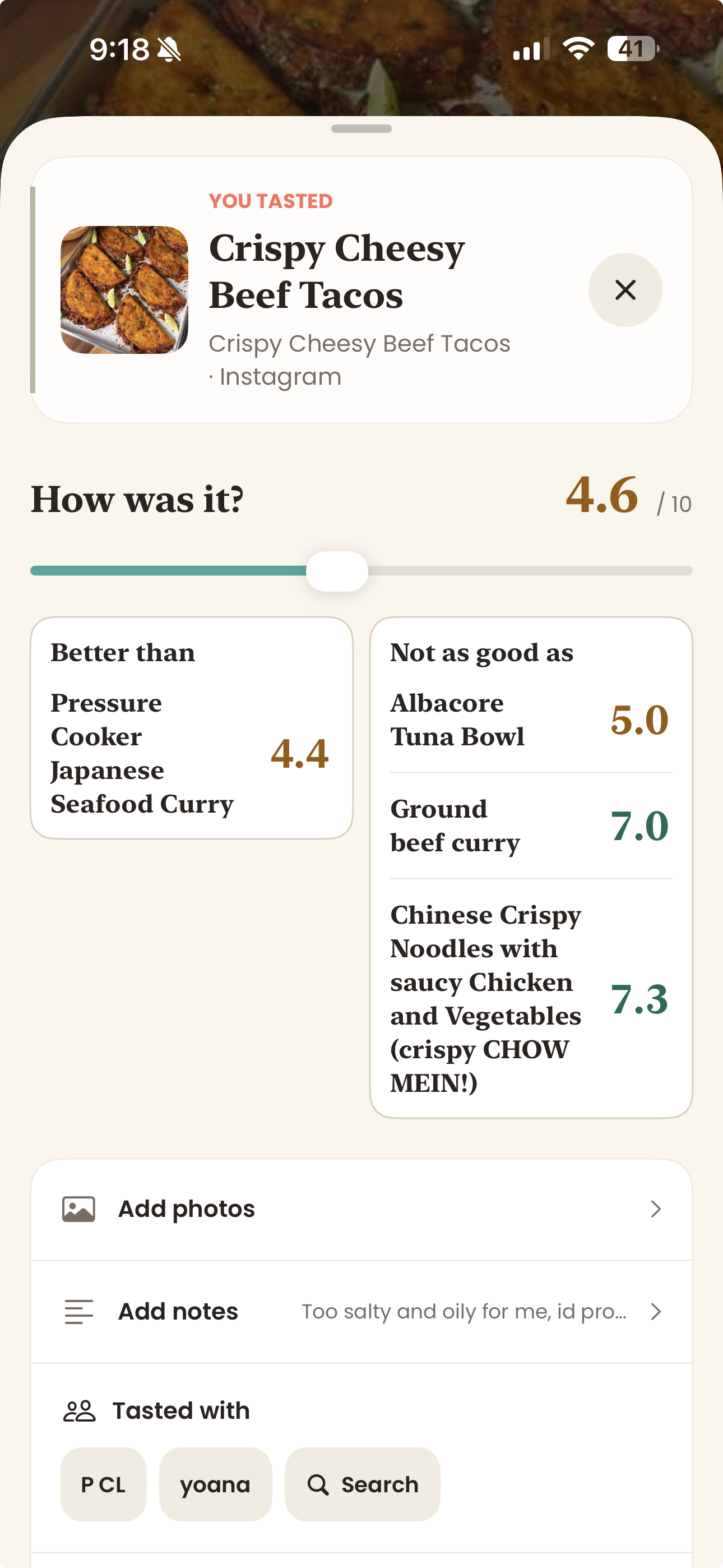 Tasti app preview showing a personal tasting score, Add photos, and Add notes